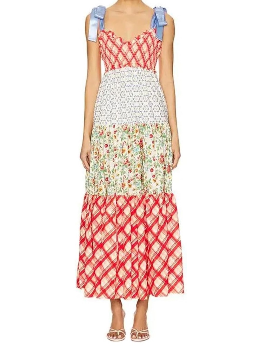 Tiered Mixed-Print Midi Skirt with Blue Tie Straps - Red/White